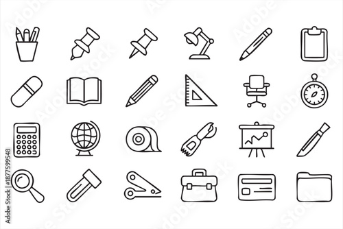 Office workspace UI icons for stationery tools and productivity software