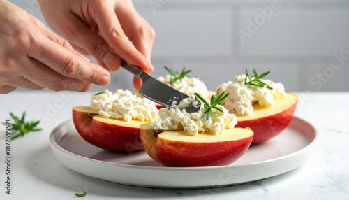 Wallpaper Mural Red Apple Halves Filled With Creamy Cheese and Rosemary Garnish Sprinkled with Fresh Herbs on a White Plate with Soft Lighting Torontodigital.ca