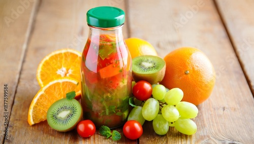 Fresh Fruit Infused Water in a Bottle with Oranges, Kiwi, Grapes, and Tomatoes