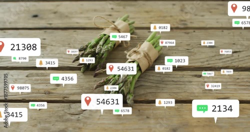 Fading in bell and pin icons, drifting toward asparagus bundles clustering while showing engagement