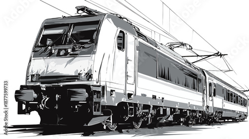 A grayscale illustration of a modern passenger train, showing detail of locomotive