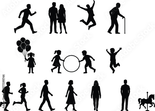 People silhouettes set showing men women children running walking jumping playing family lifestyle activities isolated vector illustration