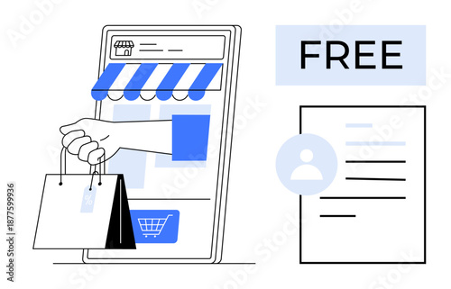 Online shopping, e-commerce solutions, retail marketing, digital sales, payment processing, order fulfillment. Hand reaching through mobile storefront holding shopping bags. Online shopping