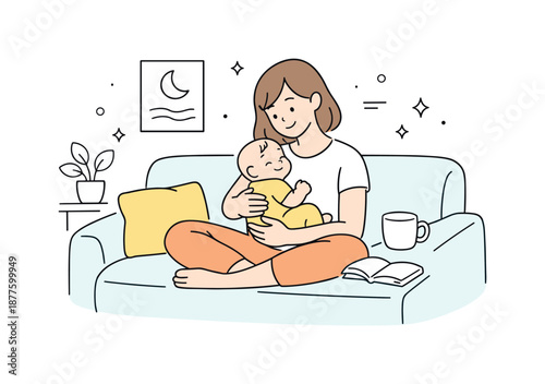 Peaceful Family Moment. Mother and baby at home. Mother sitting on a sofa with her baby, relaxed posture and peaceful atmosphere. Comfort, safety and quiet