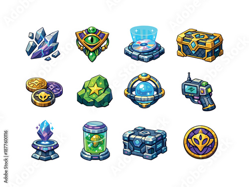 Ancient Space Artifacts. Ancient space artifacts. Colorful isometric vector icons set of ancient space artifacts: metallic shards, alien amulets, data disks,