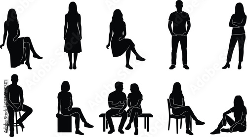 People silhouettes set showing men and women sitting standing relaxing talking in casual poses isolated modern lifestyle vector illustration