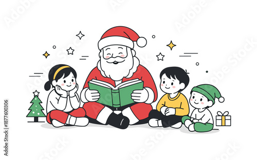 Santa's Cozy Storytime. Santa Claus with children reading. Santa reading a book while children listen quietly. Cozy storytelling moment and calm holiday