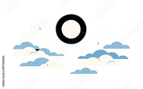 Starry Winter Night. Starry winter sky vector scene with layered clouds, moon halo and scattered soft stars, editorial mood with peaceful sky composition and