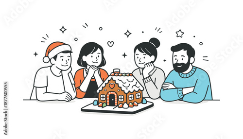 Gingerbread House Triumph. Group making gingerbread house finished result. Group admiring a completed gingerbread house on the table, satisfied smiles and calm