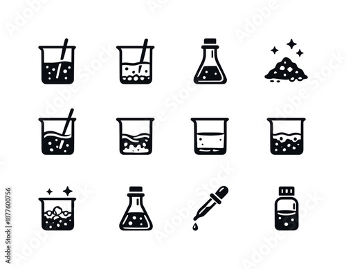 Chemical Solutions Icons. Chemical solutions. Solid icon set of Chemical solutions: aqueous solution icon, saturated solution, solvent bottle, solute crystals,