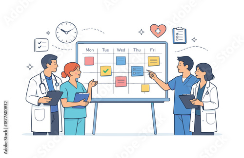 Healthcare Team Collaboration. Team coordination in healthcare. Doctors and nurses aligning tasks around a shared schedule board, improving collaboration.