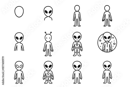 Eyes alien detail shaded icons finished oval full stylized vector space drawing