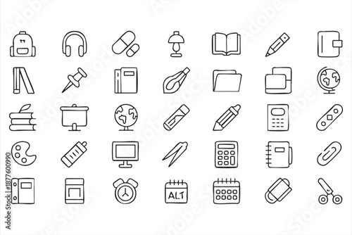 Education app interface symbols for backpacks, textbooks and homework tools