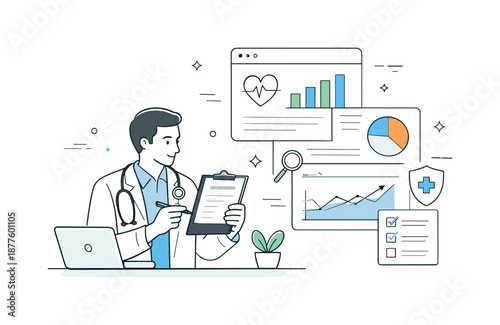 Health Report Analysis. Health insights and reporting. Specialist reviewing reports with graphs and indicators, calm analytical mood. Abstract elements and