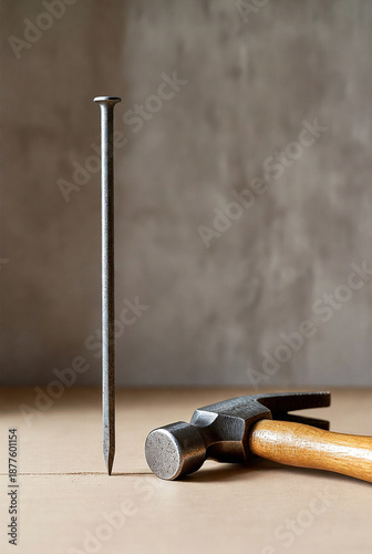 Martillo y clavo en horizontal sobre fondo neutro, concepto de construcción y bricolaje