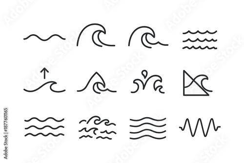 Wave Dynamics Icons. Riptides. Line icon set of wave dynamics: crest line, trough line, rolling wave, wave break symbol, choppy surface, swell arrow, surf