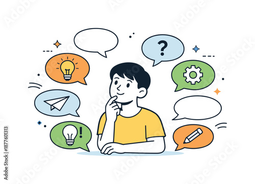 Brainstorming Bubble. Ideas and Thoughts. A single character with multiple small speech bubbles around their head, some empty and some with symbols. The scene