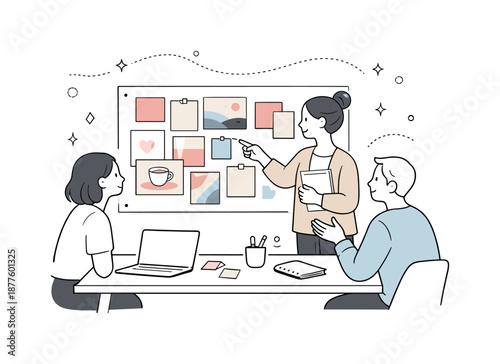 Pale Moodboard Review. Pastel color moodboards. A small team reviewing a moodboard filled with muted pinks, blues, and beiges, quiet collaboration and shared