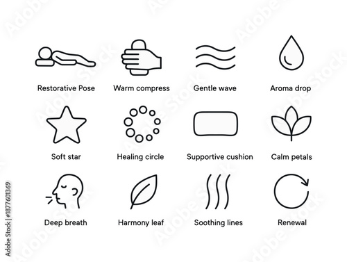 Restorative Therapy Icons. Restorative therapies. Line icon set of Restorative therapies: restorative pose, warm compress, gentle wave, aroma drop, soft star,