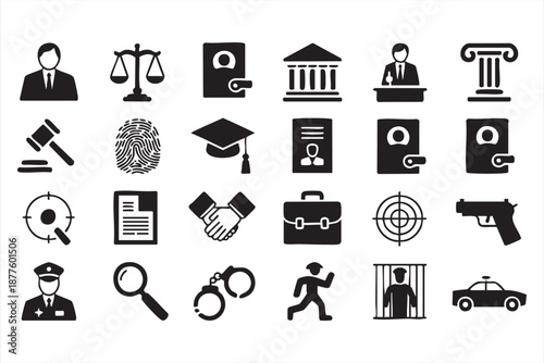 Legal system interface symbols for arrests, evidence and trials