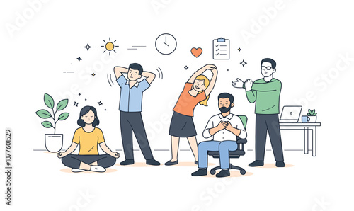 Office Wellness Exercise. Corporate wellness program. Employees participating in light stretching and breathing exercises at the workplace. Calm supportive