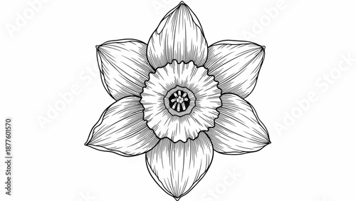 Black and white illustration of a detailed daffodil flower, a beautiful spring bloom depicted in linework art