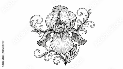 Intricate black and white Iris flower illustration with elegant swirling flourishes, a detailed vector botanical art piece perfect for sophisticated floral design