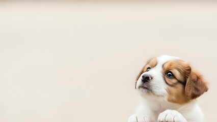 Adorable brown and white puppy with expressive eyes looking up curiously against neutral beige background with copy space for pet care designs.