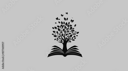 Black tree with foliage and some flying forms grows from an open book against a grey backdrop