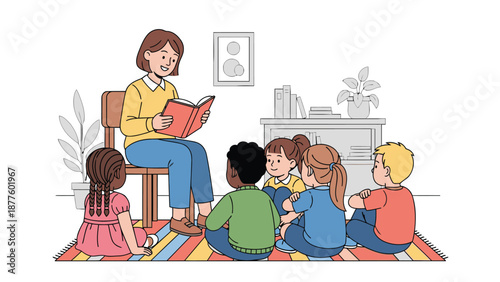 Teacher reads a book to a group of diverse children sitting on a colorful rug in a classroom