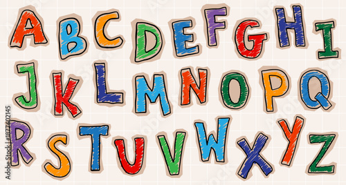 Funky paper cut out alphabet letters. Torn scrapbook font with crayon scribbles. Colorful scrapbook collage alphabet. Vector magazine alphabet with cut out letters from newspaper on piece of paper