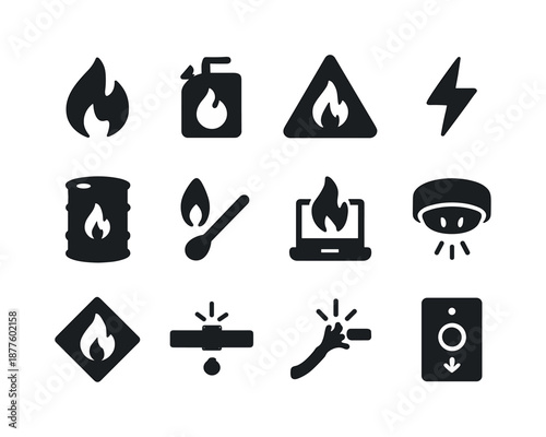 Fire Hazard Icons. Fire hazards. Solid icon set of Fire hazards: flame symbol, gas canister, warning triangle, electrical spark, flammable barrel, matchstick,