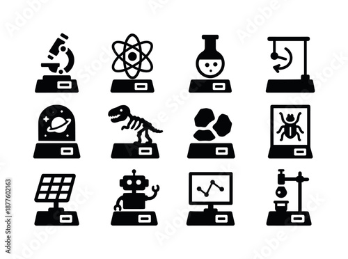 Science Icons Grid. Science exhibitions. Solid icon set of science exhibitions: microscope display, atom model, chemical flask, physics demo icon, space