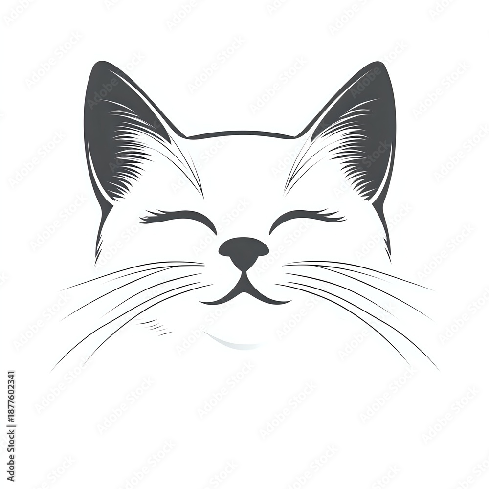 Obraz premium Minimalist cat face with closed eyes and whiskers on white background, isolated design element for logos, prints, and creative projects.
