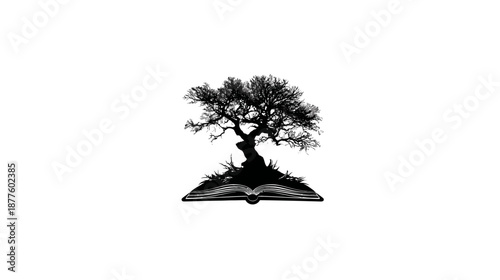 A silhouette of a tree growing from an open book, artistic and symbolic