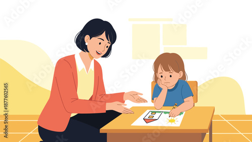 Woman assists a young girl with a coloring activity at a desk in a classroom setting.