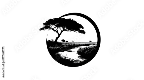 Silhouetted landscape within a circular frame, featuring a large tree, river, and marshy terrain