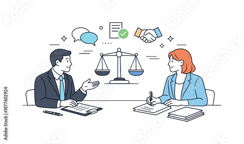 Professional Negotiation Scene. Business negotiation concept. Two professionals discussing terms across a table with documents and balanced scale icons between