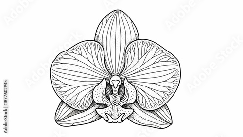 Elegant line art drawing of a single orchid flower, showcasing intricate details and delicate petals in a monochrome design