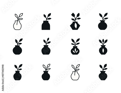 Flower Vase Icons. Tabletop flower vase. Icon set. Set Logo of tabletop flower vase: rustic vase with twig. harmonious logo variations of the same emblematic