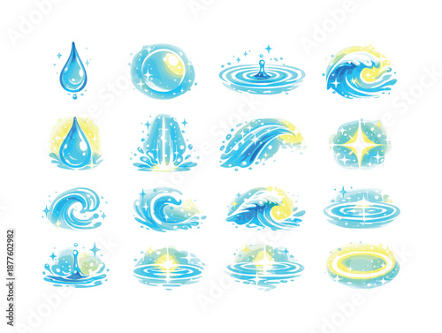 Water and Light Icons. Water and light. Colorful flat vector icons set of water and light: flowing droplet, soft glow orb, water ripple, radiant wave, glowing