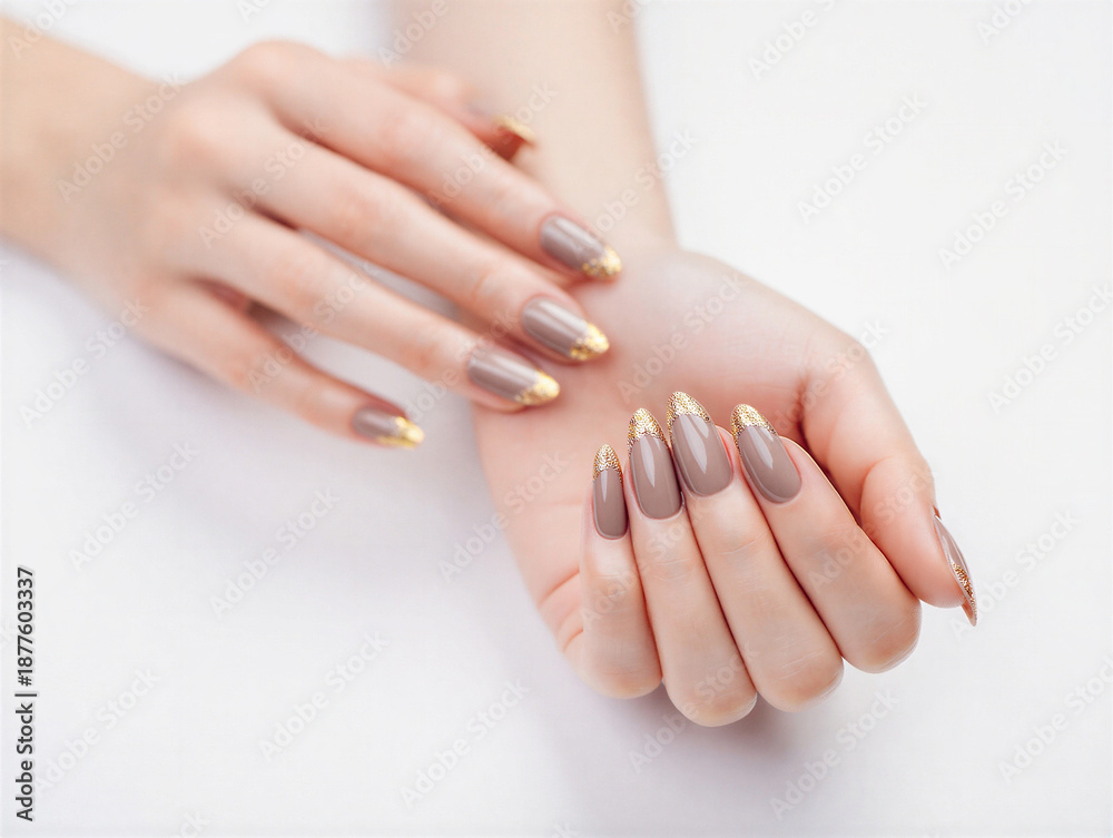 Naklejka premium Woman hands with stylish brown and gold nail polish design on white background transparent background