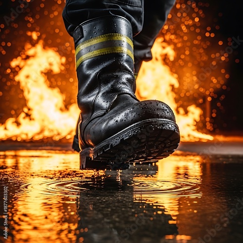 Wallpaper Mural Firefighters Boot Stepping Through Water with Flames in Background. Torontodigital.ca