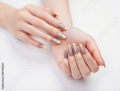 Woman hands with stylish brown and gold nail polish design on white background transparent background