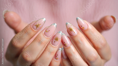 Konstfotografi Woman hands with stylish pink and silver nail design and gold stars transparent