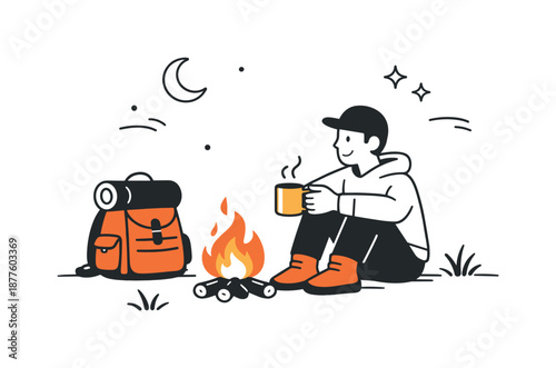 Cozy Campfire Evening. Campfire evening scene. A relaxed camper sitting near a small campfire with a mug and backpack beside. Cozy atmosphere, warmth and quiet