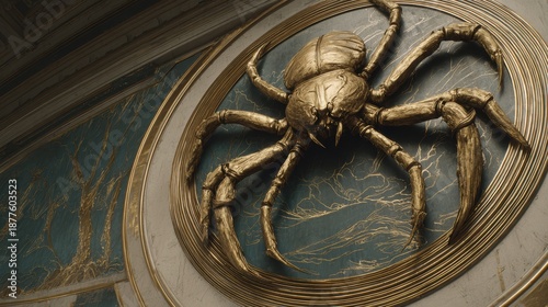 Golden Arachnid Embellishment: Intricate details of a stylized golden spider are revealed on a wall panel, emphasizing craftsmanship and artistic design. 