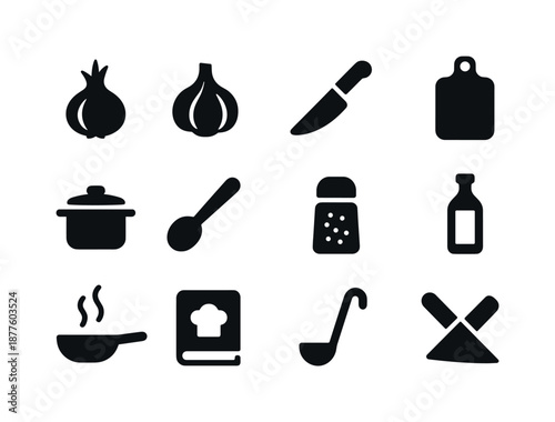 Cooking Essentials Icons. Cooking essentials. Solid icon set of cooking essentials: onion, garlic, knife, cutting board, saucepan, cooking spoon, spice jar,