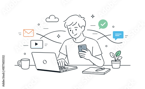 Efficient Digital Workspace. Modern office workspace. A person switching between a laptop and smartphone on a clean desk. Smooth multitasking and efficiency,