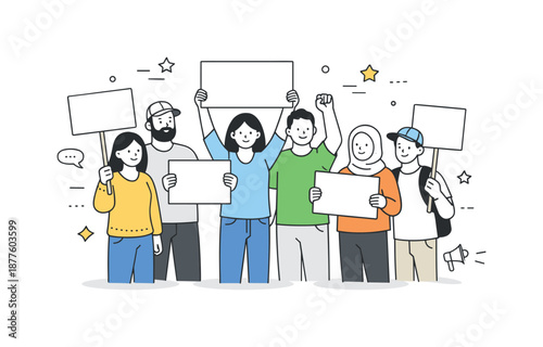 Peaceful Civic Protest. Protest or rally. Group of people standing together holding simple signs, calm collective presence and sense of civic engagement.